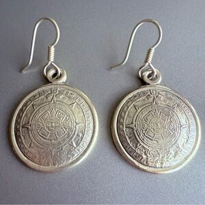 MEXICO AZTEC MAYAN SUN CALENDAR STERLING SILVER DISC DANGLE HOOK EARRING…